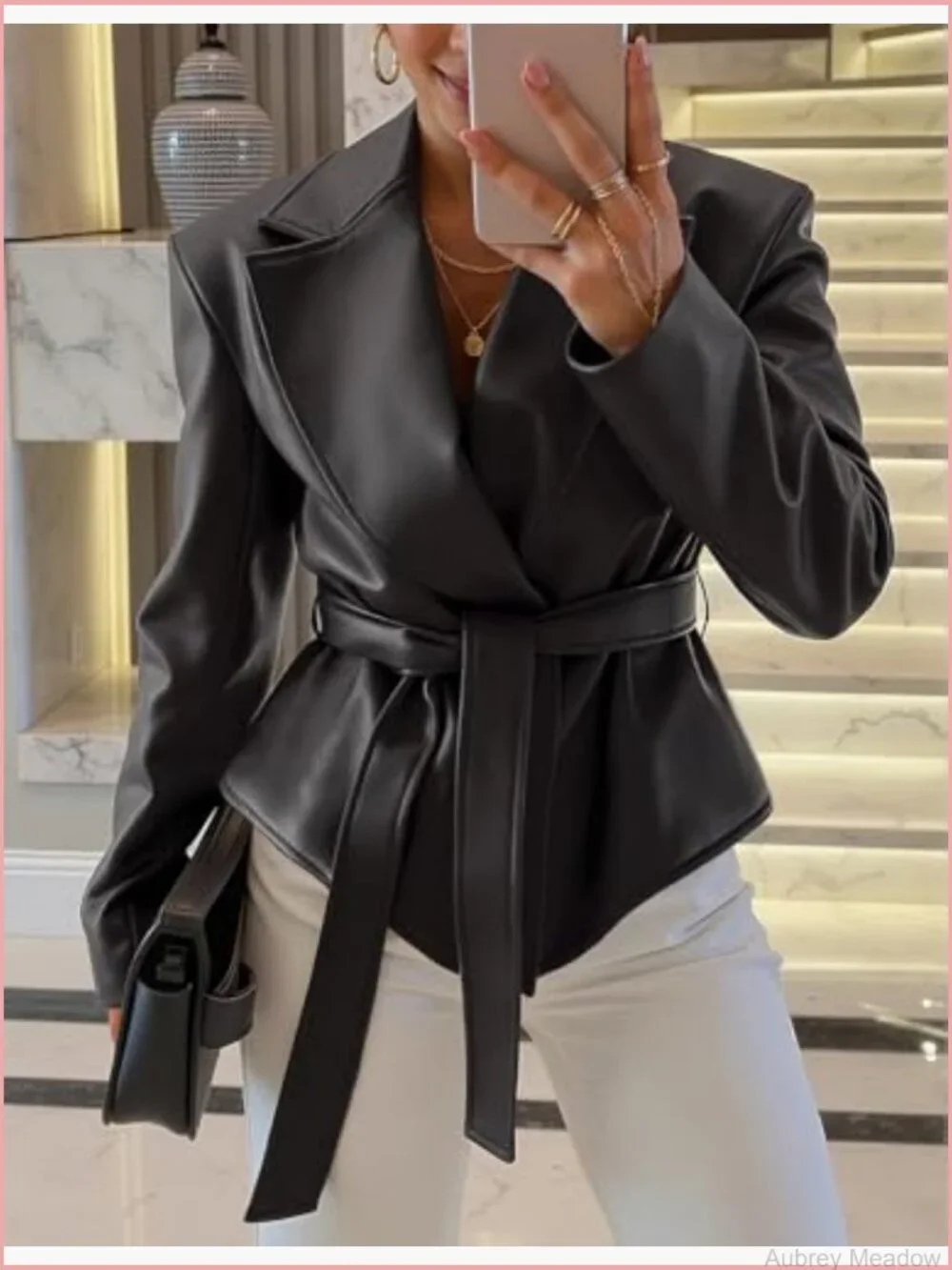 Faux Leather Blazer Jacket with Removable Belt Button Down Notch Lapel